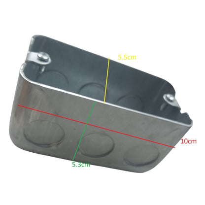 A metallic junction box shown on a white background with colored measurement lines and labels indicating dimensions of 5.5cm, 10cm, and 5.