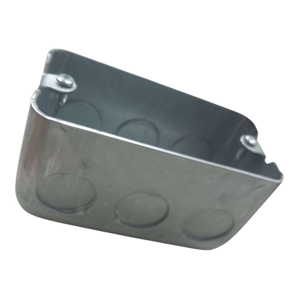 A galvanized steel electrical junction box with three circular screw terminals on the front and two mounting tabs on the side, shown on a plain white background.