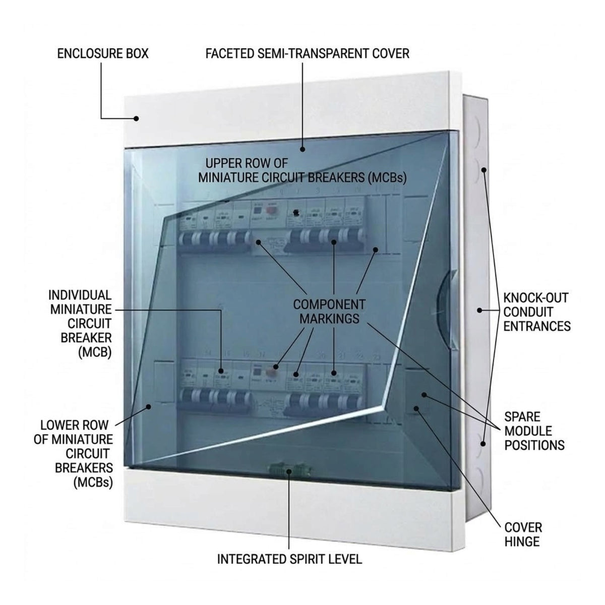 Technical diagram of a modular electrical subpanel with labeled callouts including enclosure box, faceted semi-transparent cover, miniature circuit breakers, conduit entrances, and hinge points on a white background.