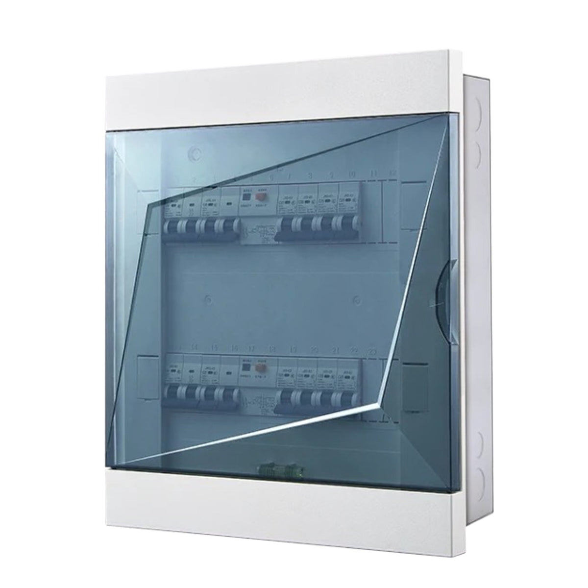 A white electrical distribution board enclosure with a hinged translucent blue-gray door, showing internal circuit breakers, on a plain white background.