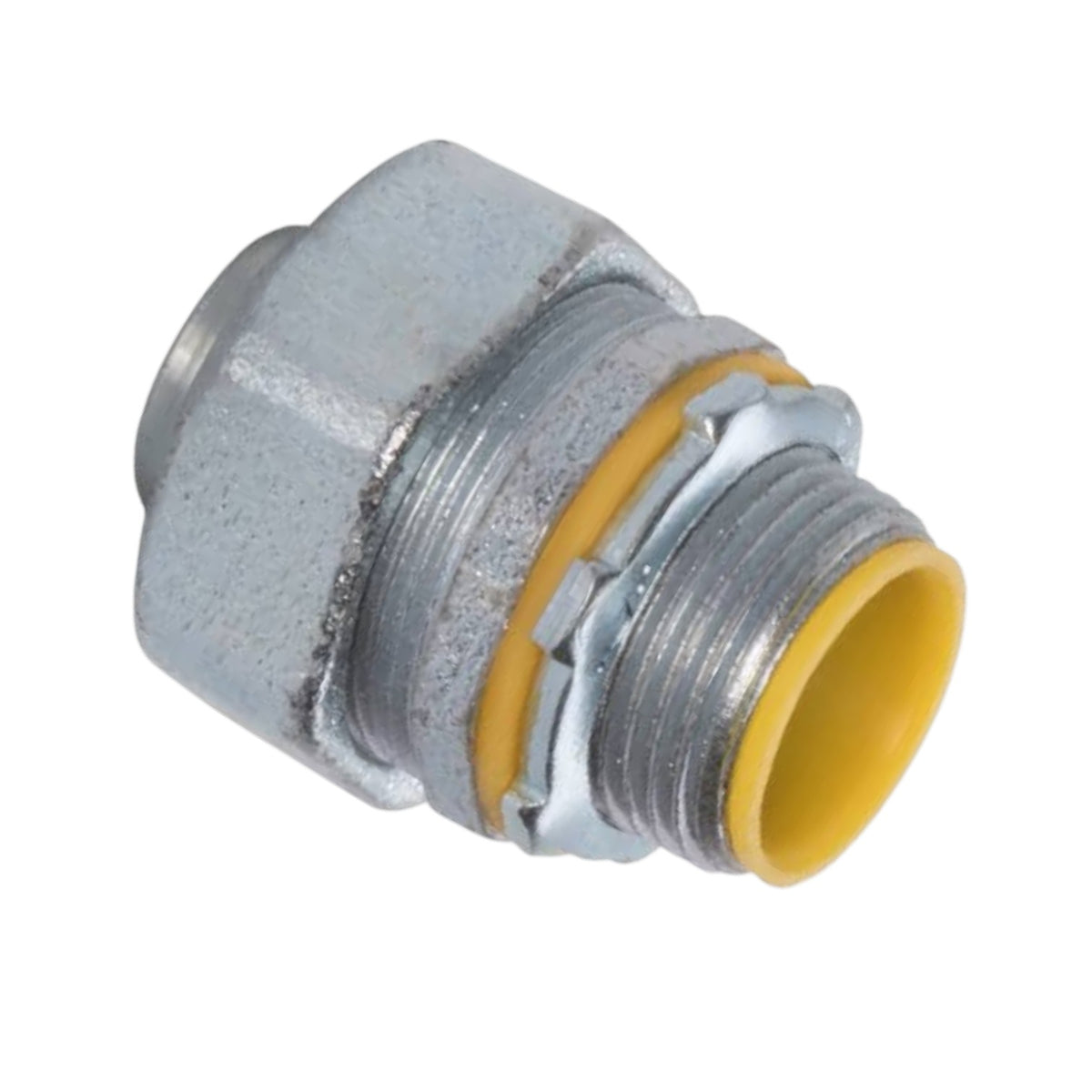 A metal threaded connector fitting with a hexagonal body, galvanized silver finish, a yellow inner ring, and a yellow interior opening, shown on a plain white background.