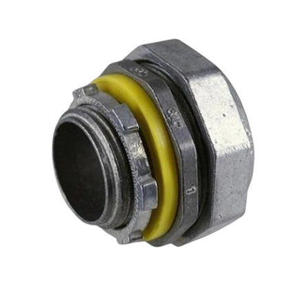 A galvanized metal hexagonal connector fitting with a bright yellow rubber O-ring, shown on a plain white background.