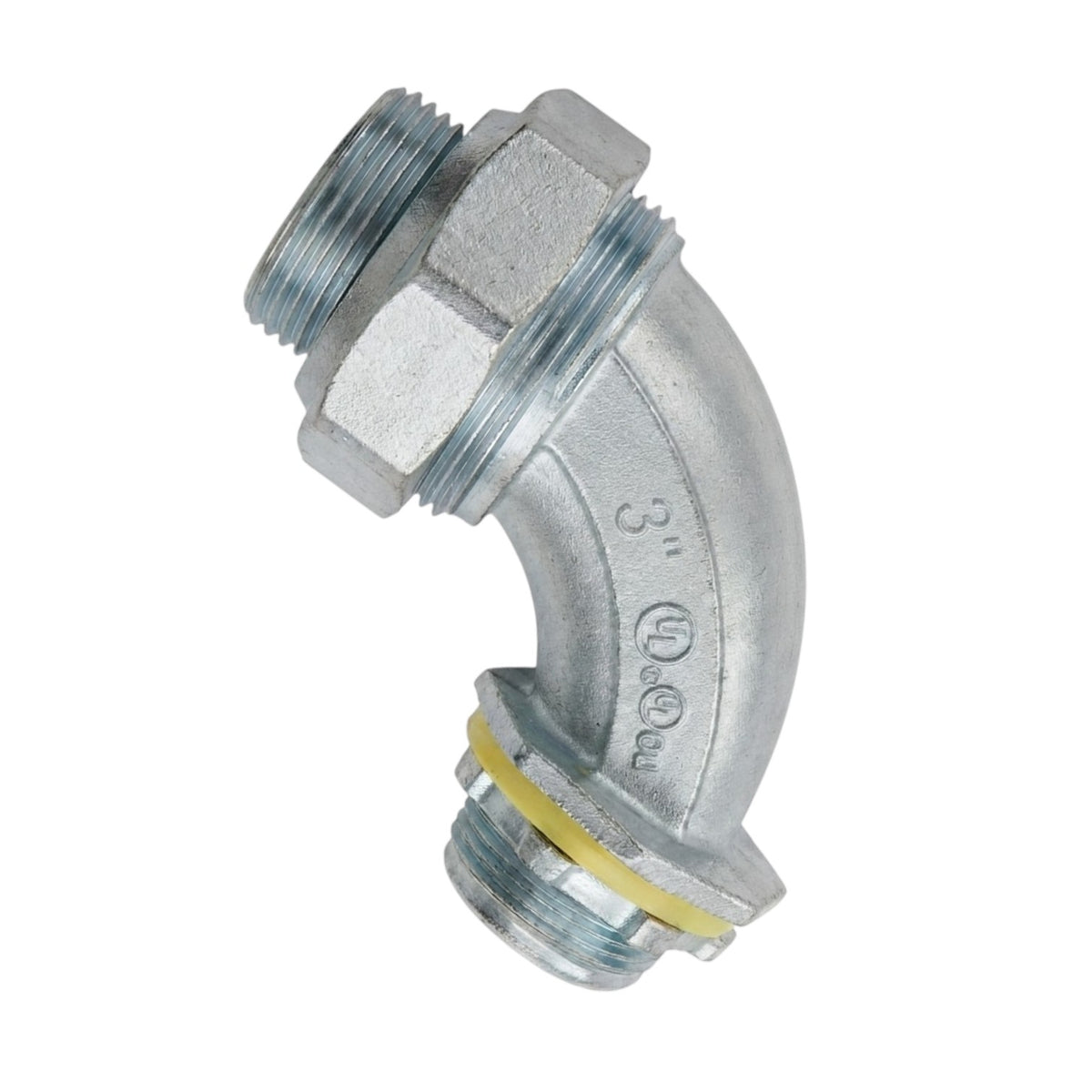 A 3-inch galvanized metal elbow pipe fitting with a male thread on one end and a female thread on the other, featuring a yellow rubber gasket.