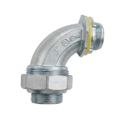 A galvanized steel 3-degree elbow pipe fitting with threaded male connections on both ends, featuring a yellow rubber gasket.