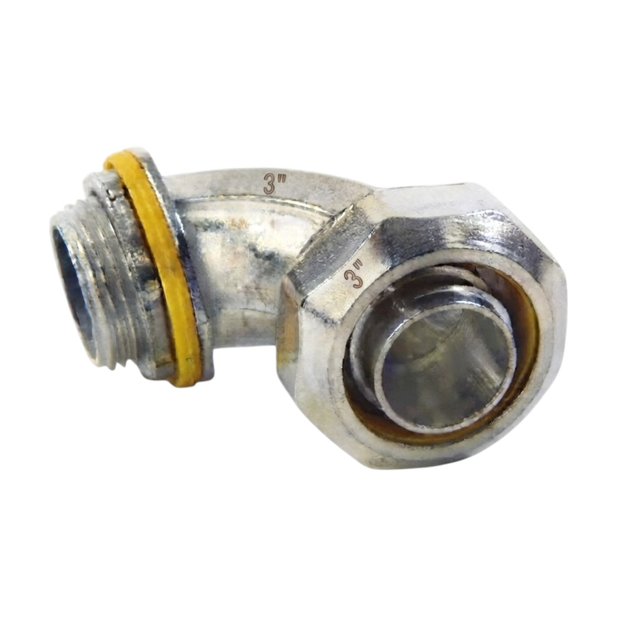 A galvanized steel 90-degree elbow pipe fitting with a yellow rubber O-ring, isolated on a white background.