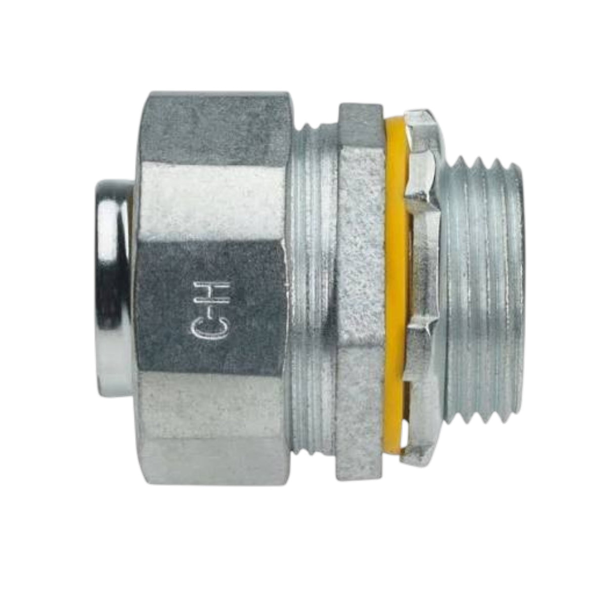 A metal hydraulic or pneumatic quick-connect coupler with a hexagonal body, threaded male connector on one side, and a yellow rubber O-ring visible in the center, isolated on a white background.