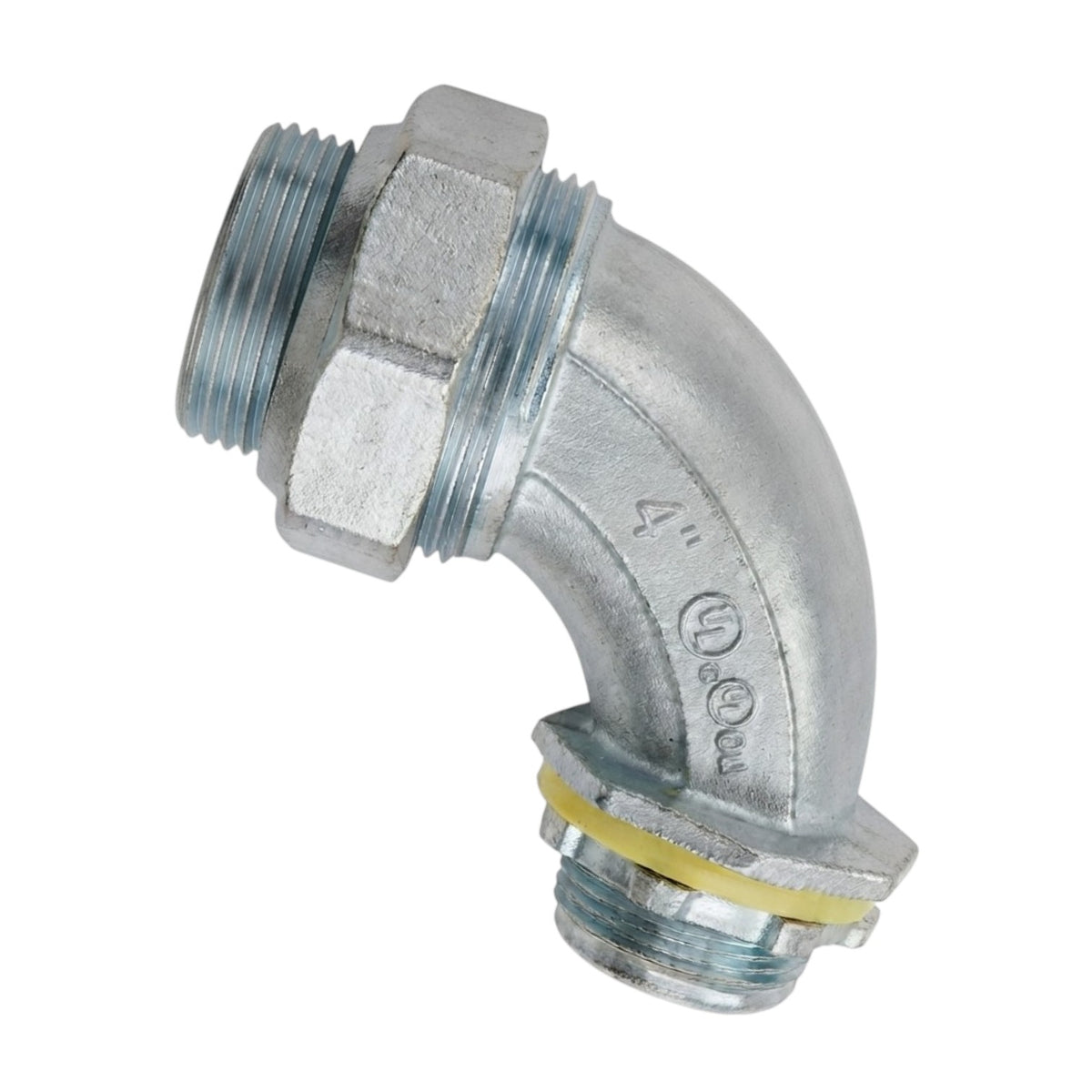 A galvanized steel 45-degree elbow pipe fitting with threaded male and female ends, featuring a yellow rubber gasket and embossed size markings on a white background.