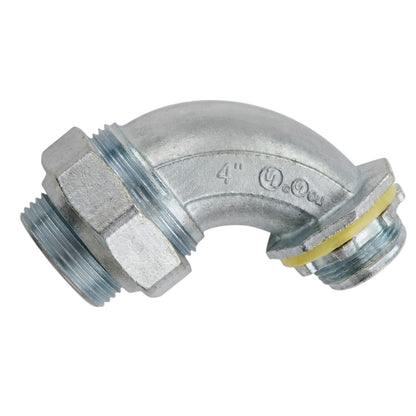 A galvanized metal 4-inch elbow pipe fitting with male threads on one end and female threads on the other, featuring a yellow rubber O-ring.