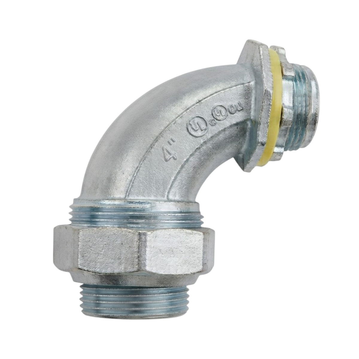 A galvanized steel 4-inch elbow pipe fitting with a hex nut on the bottom threaded connection and a yellow rubber gasket visible on the side, isolated on a white background.