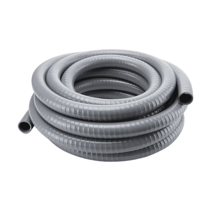 A coiled gray corrugated flexible hose on a plain white background.