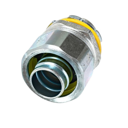 A metal hydraulic or plumbing connector fitting with a hexagonal body, featuring a yellow O-ring and a green inner seal, isolated on a white background.