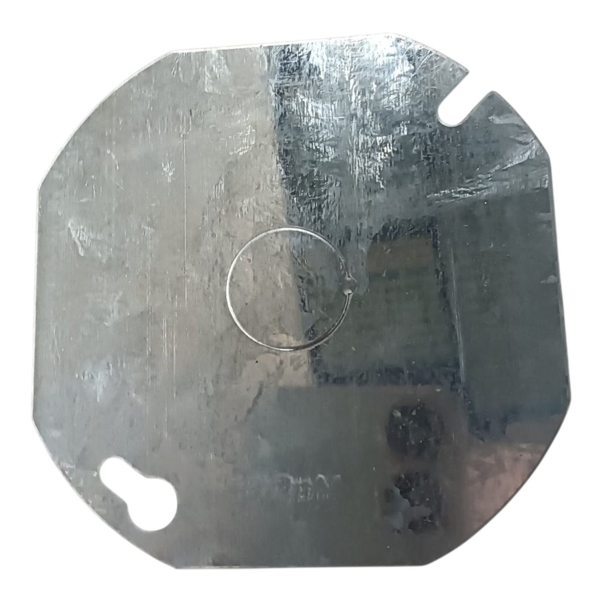 A square metal mounting plate with rounded corners, featuring a central circular cutout and two angled slot holes near the top and bottom edges, shown on a white background.