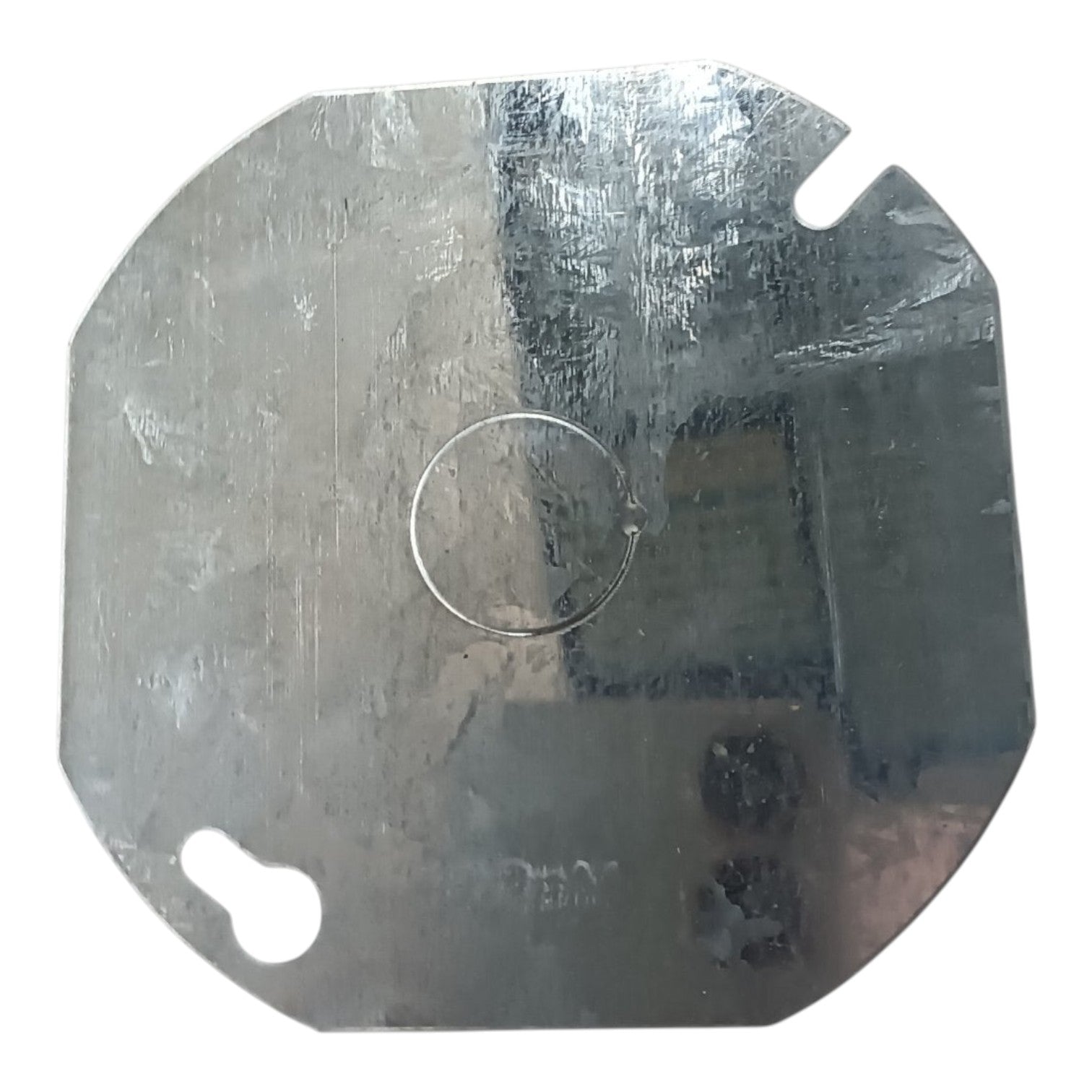 A square metal mounting plate with rounded corners, featuring a central circular cutout and two angled slot holes near the top and bottom edges, shown on a white background.