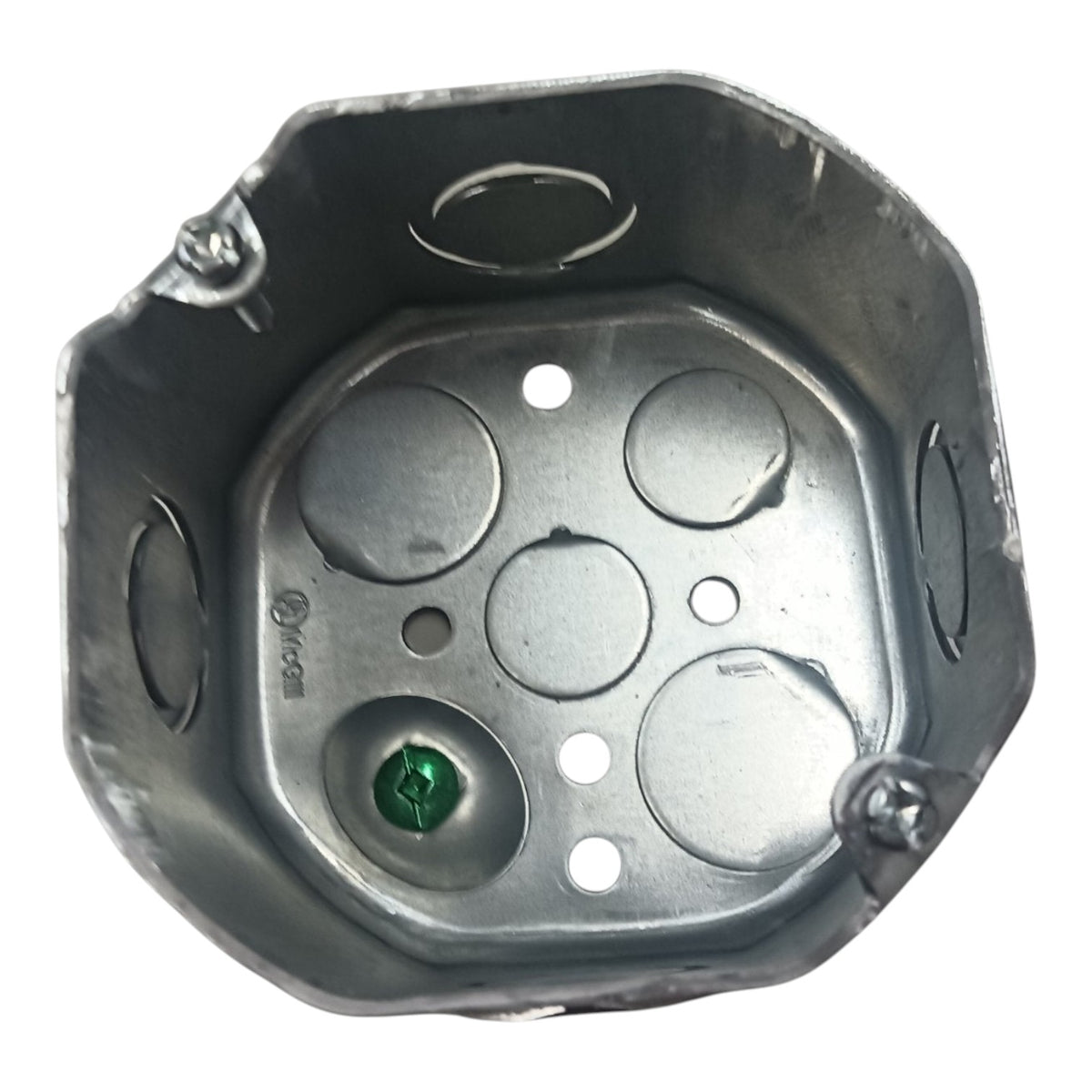 A galvanized steel electrical junction box shown from a top-down view on a white background.