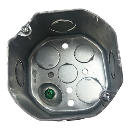 A galvanized steel electrical junction box shown from a top-down view on a white background.