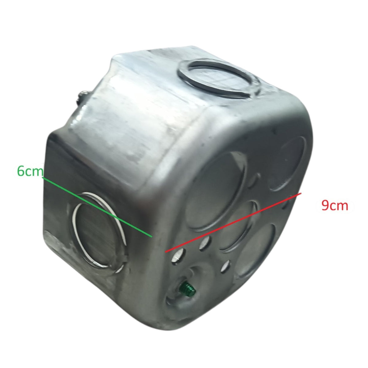 A dark gray plastic container or bucket with circular cutouts, shown on a white background with green and red dimension lines indicating 6cm and 9cm measurements.