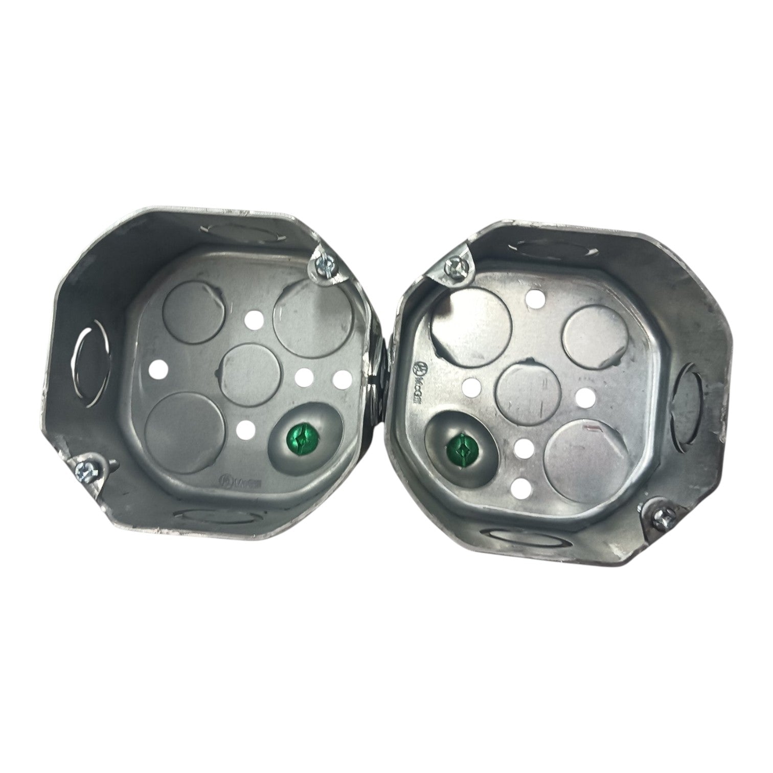 Two galvanized metal electrical junction boxes shown open against a plain white background.