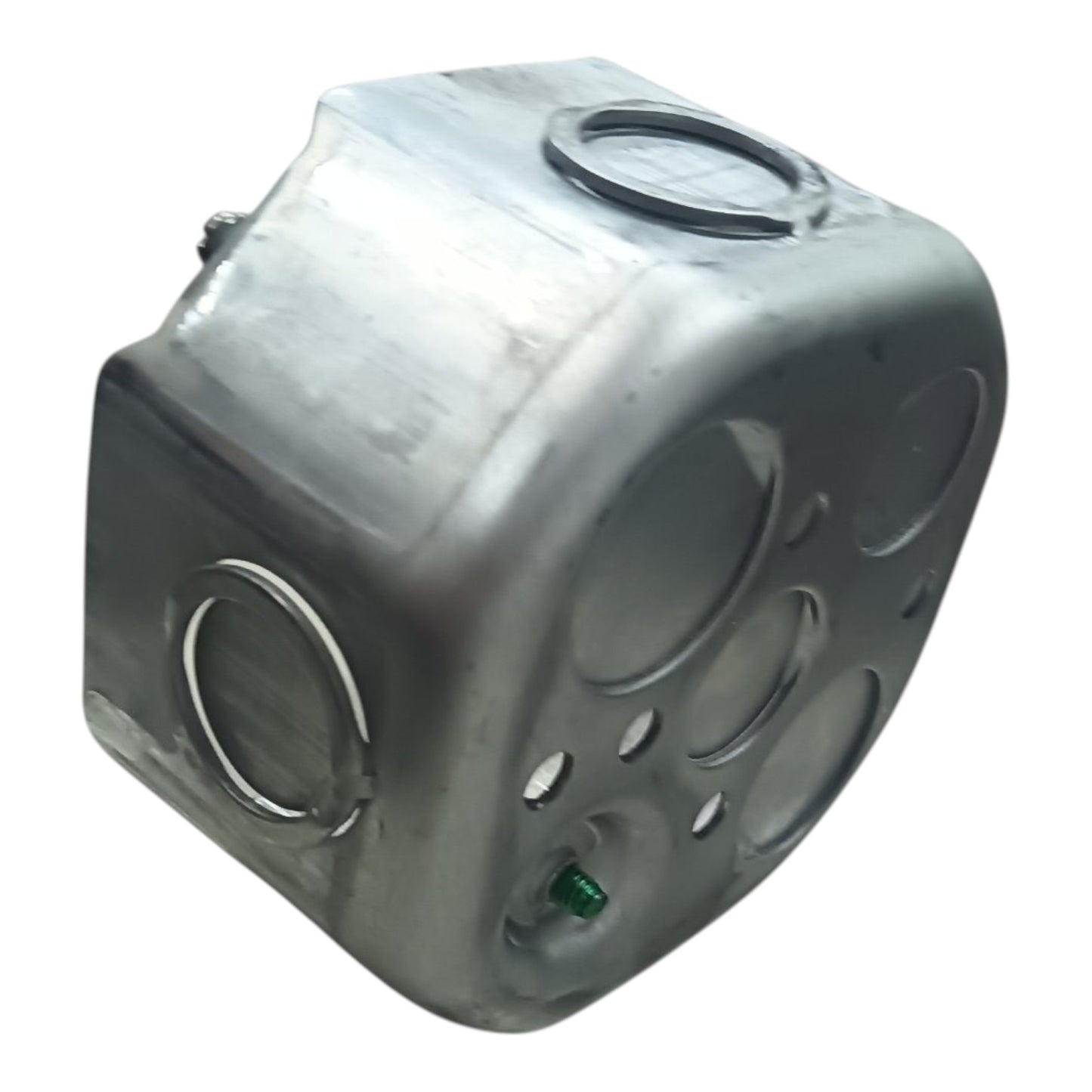A metallic silver-gray plastic or aluminum container component with multiple circular cutouts and a small green tab, isolated on a white background.