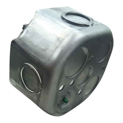 A metallic silver-gray plastic or aluminum container component with multiple circular cutouts and a small green tab, isolated on a white background.