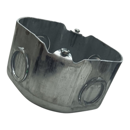Galvanized metal electrical junction box with two circular entry/exit holes on a plain white background.