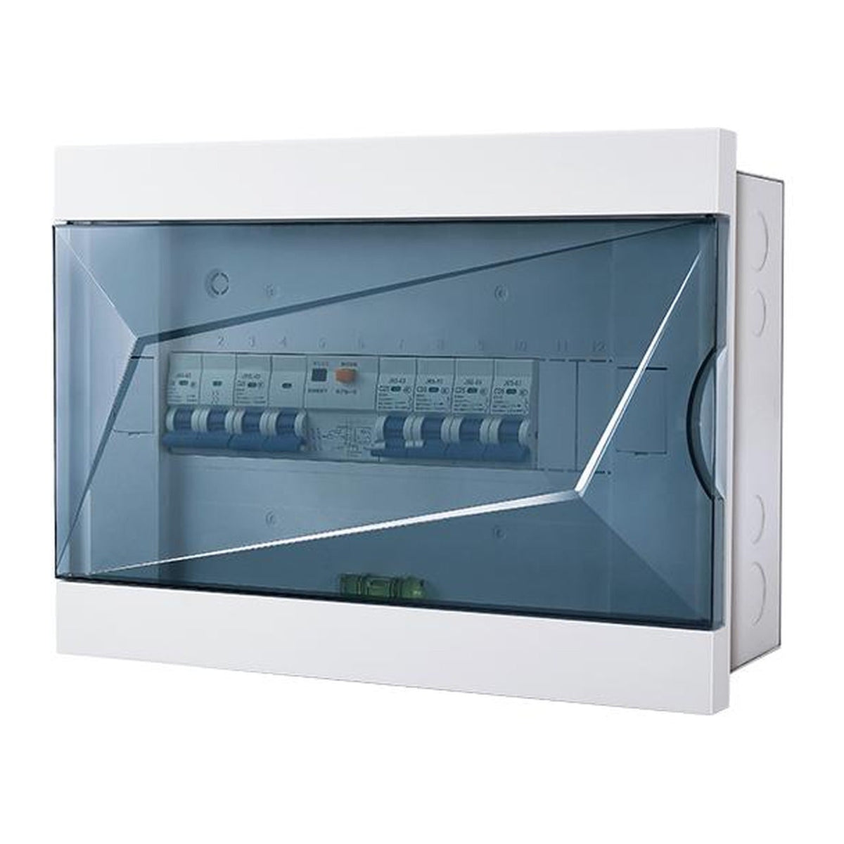 A white electrical distribution board or circuit breaker box with a translucent blue-gray front cover, shown on a plain white background.