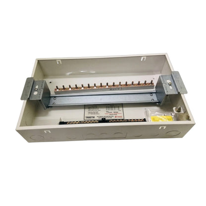 An open metal electrical junction box with copper bus bars, terminal blocks, and mounting brackets, photographed on a white background.