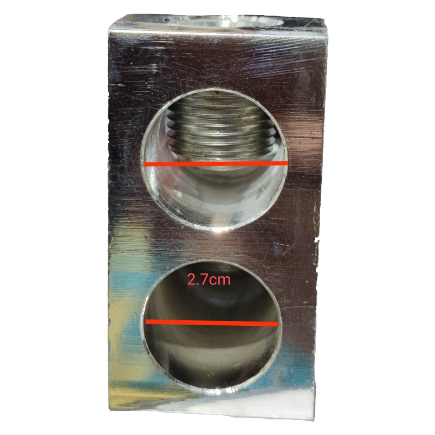 Metal component with threaded holes and measurement marking on a white background