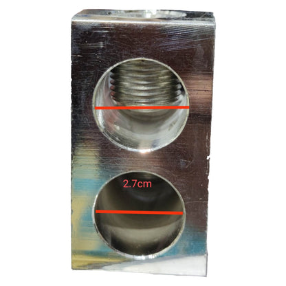 Metal component with threaded holes and measurement marking on a white background