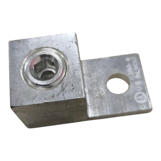 Metal bracket with a threaded hole on a white background