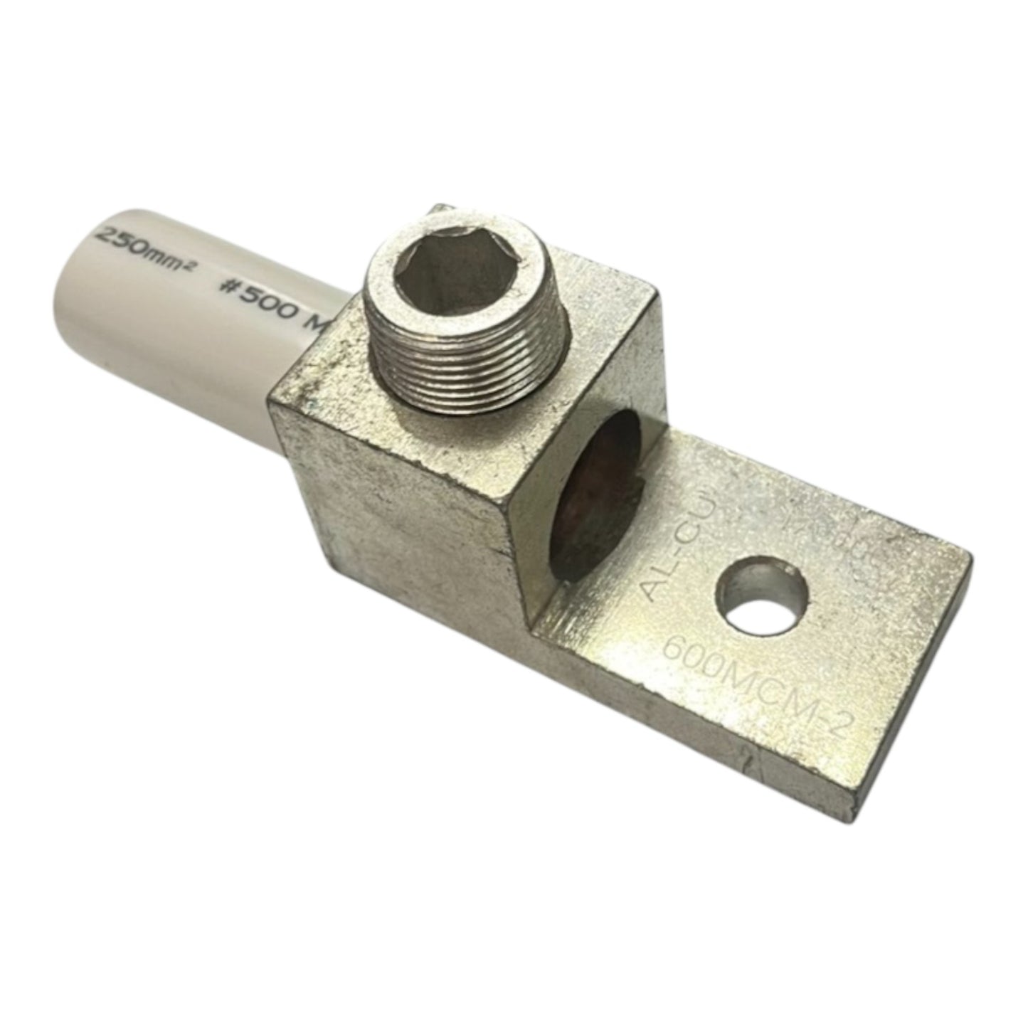 Metal fitting with threaded end and square block on a white background