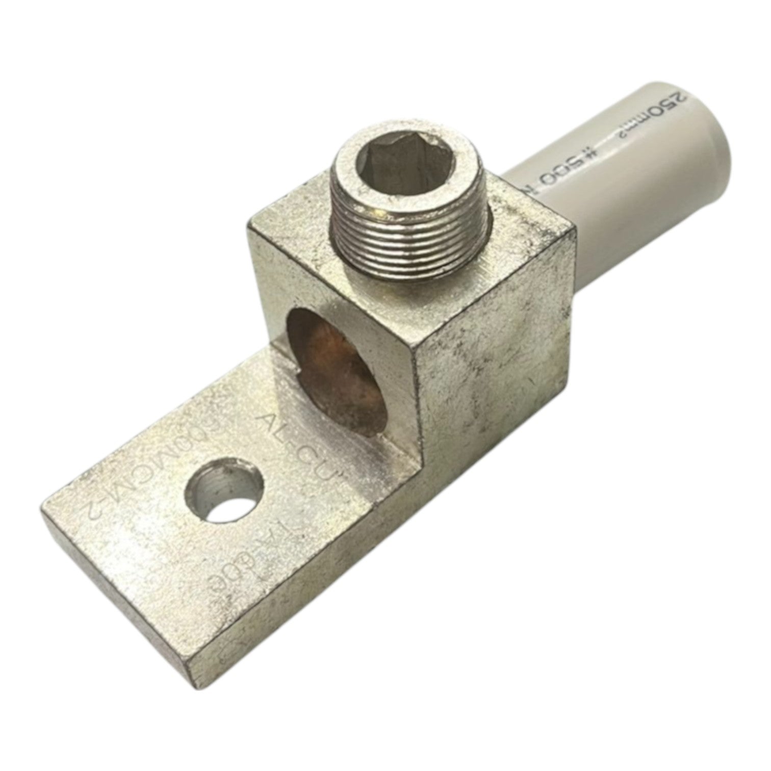 Metal fitting with threaded end and square block on a white background