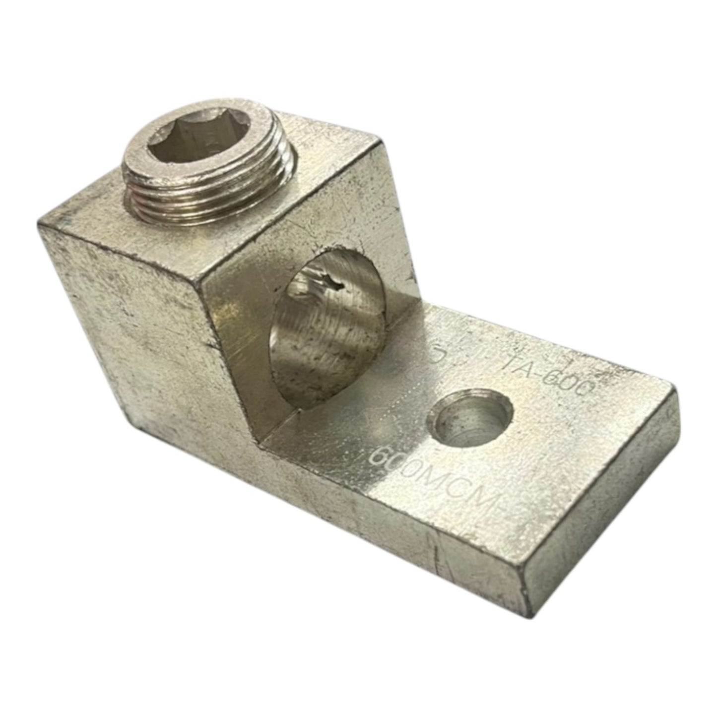 Metal fitting with threaded end on a white background