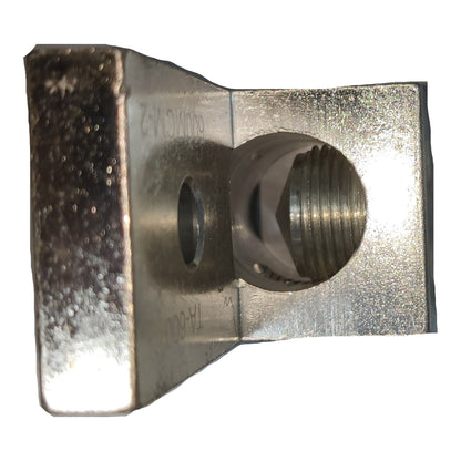Metal bracket with threaded hole on a white background
