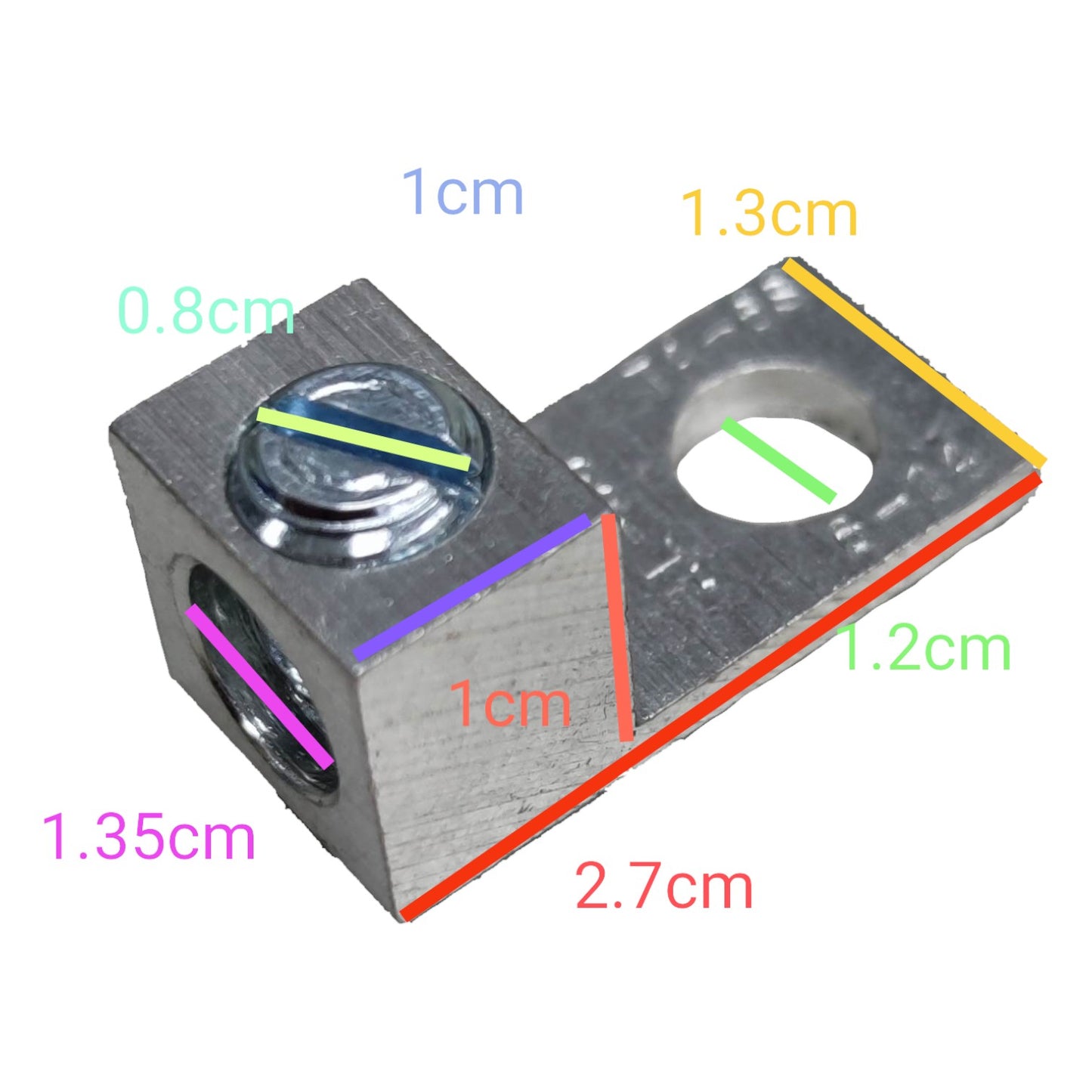 Metal component with labeled dimensions on a white background
