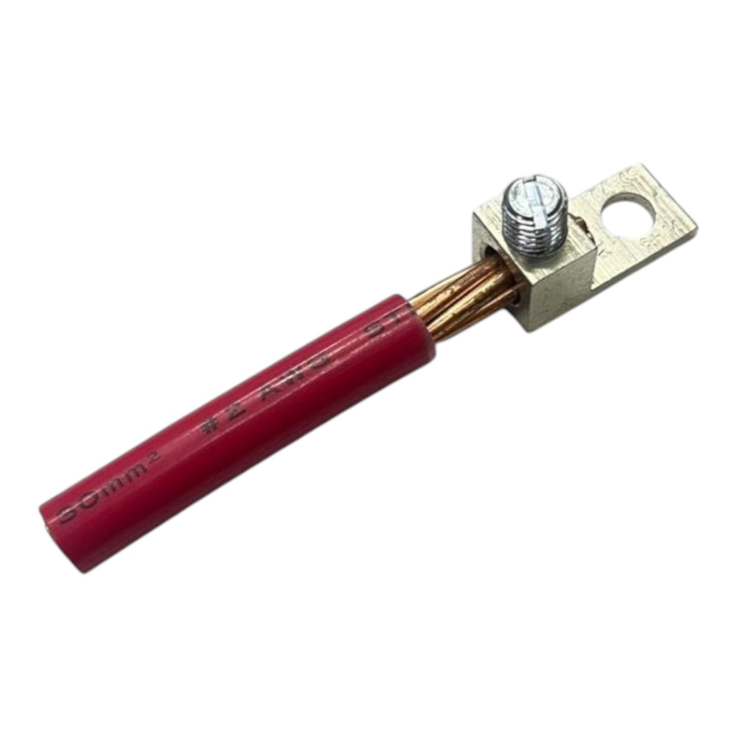 Electrical connector with red insulation and brass metal fitting on a white background