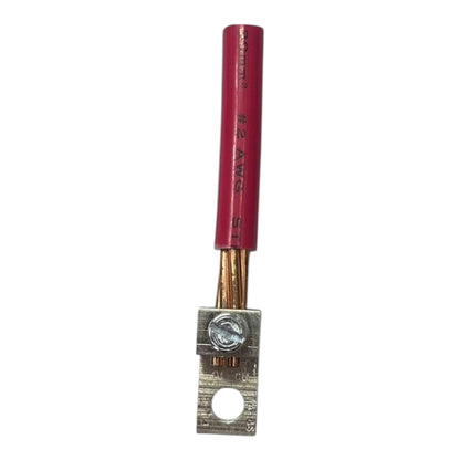 Metal terminal block with red handle on a white background