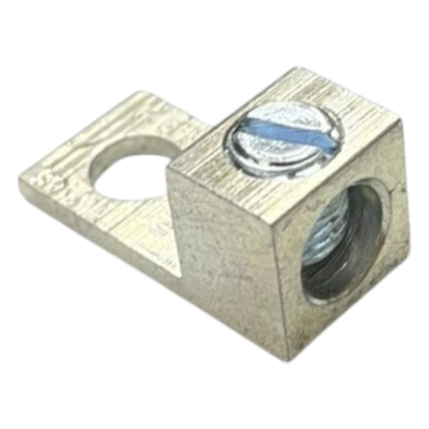 Metallic square component with cylindrical hole on a white background