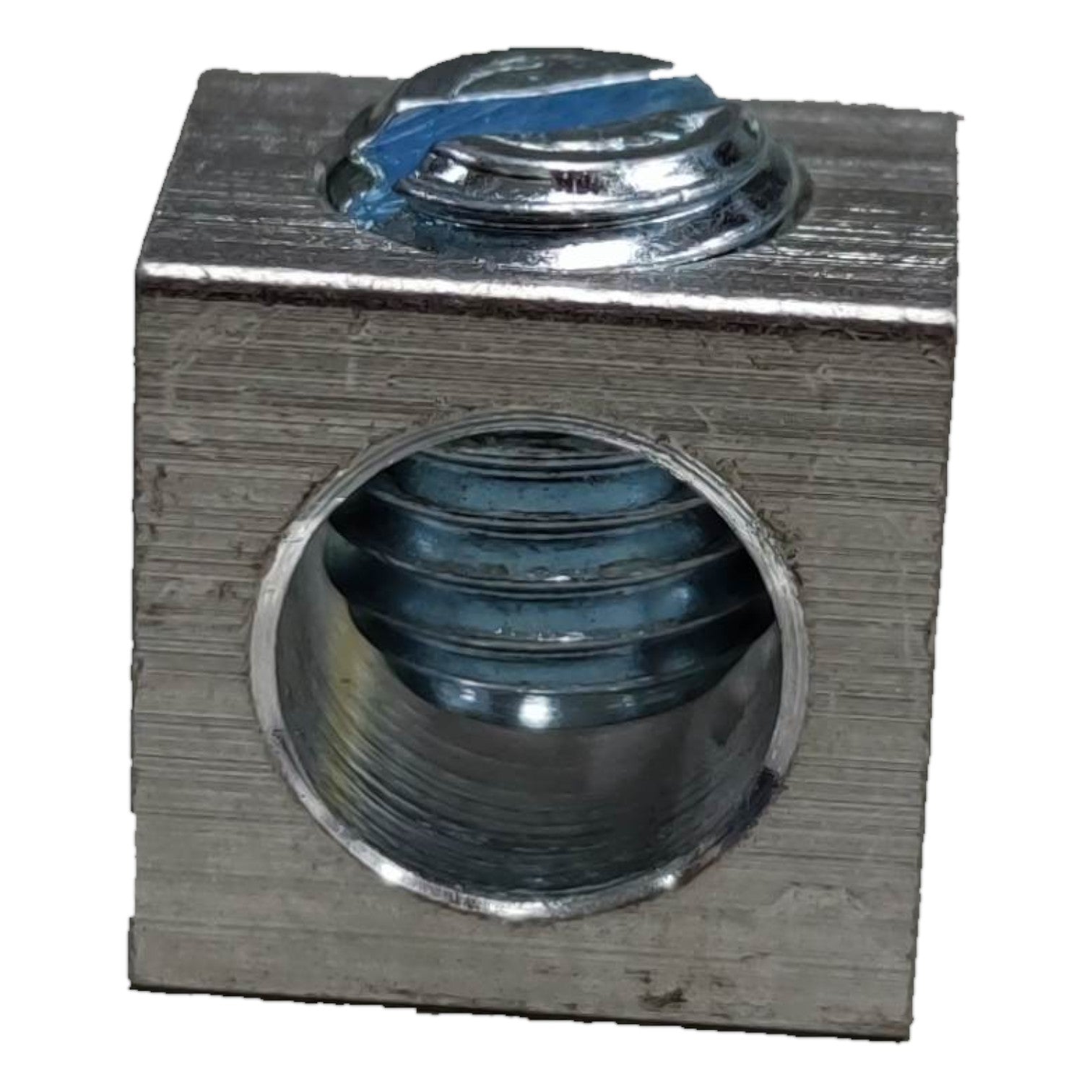Metal fitting with threaded hole and hexagonal head on a white background