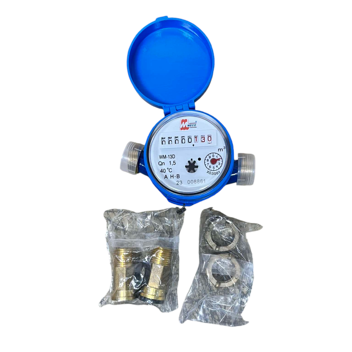 Water meter with blue cover and accessories on a white background