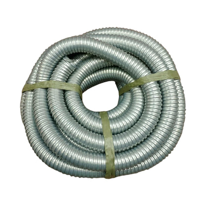 Coiled metal hose with a green strap on a white background