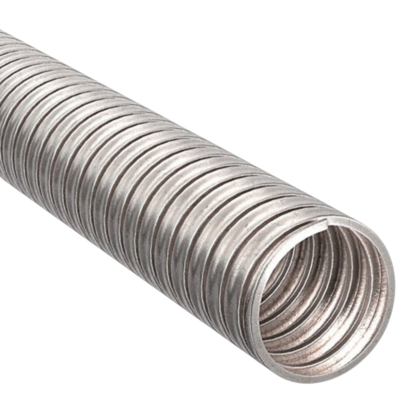 Metallic hose with a coiled design on a white background