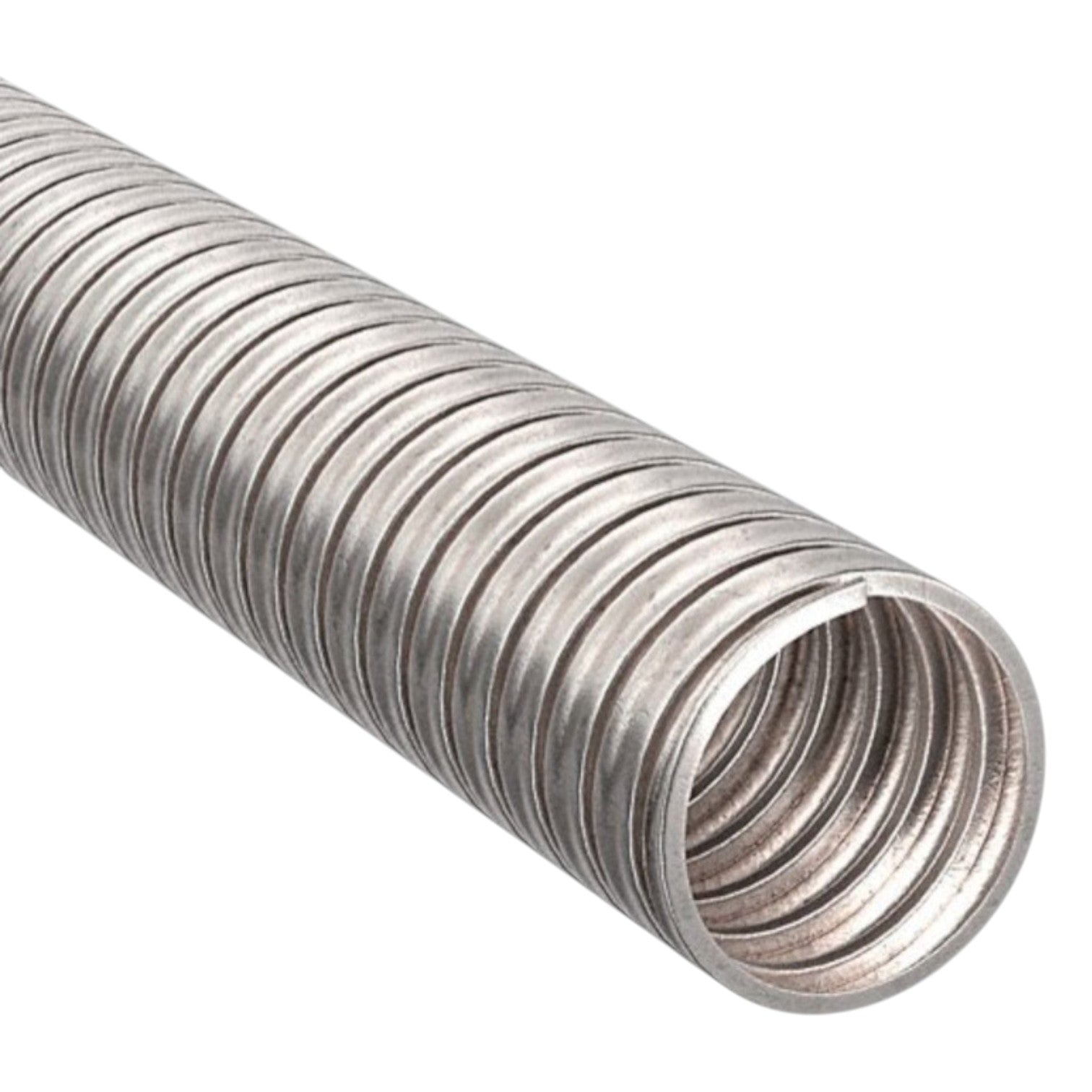 Metallic hose with a coiled design on a white background