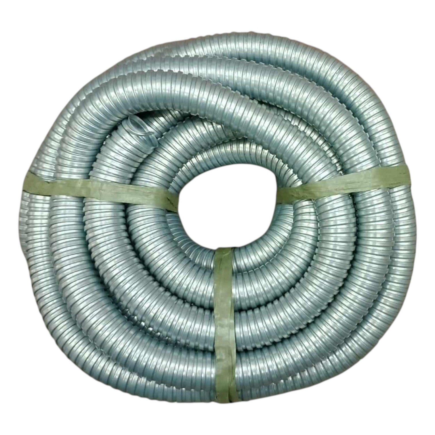 Coiled metal hose with a green strap on a white background