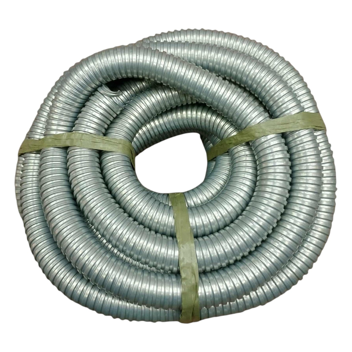 Coiled metal hose with a green strap on a white background