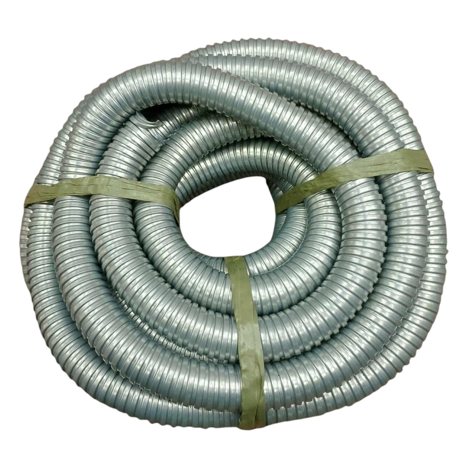 Coiled metal hose with a green strap on a white background
