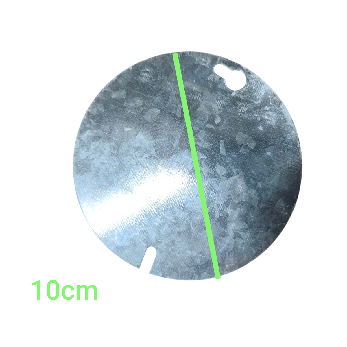 Metallic disc with a green line and '10cm' label on a white background
