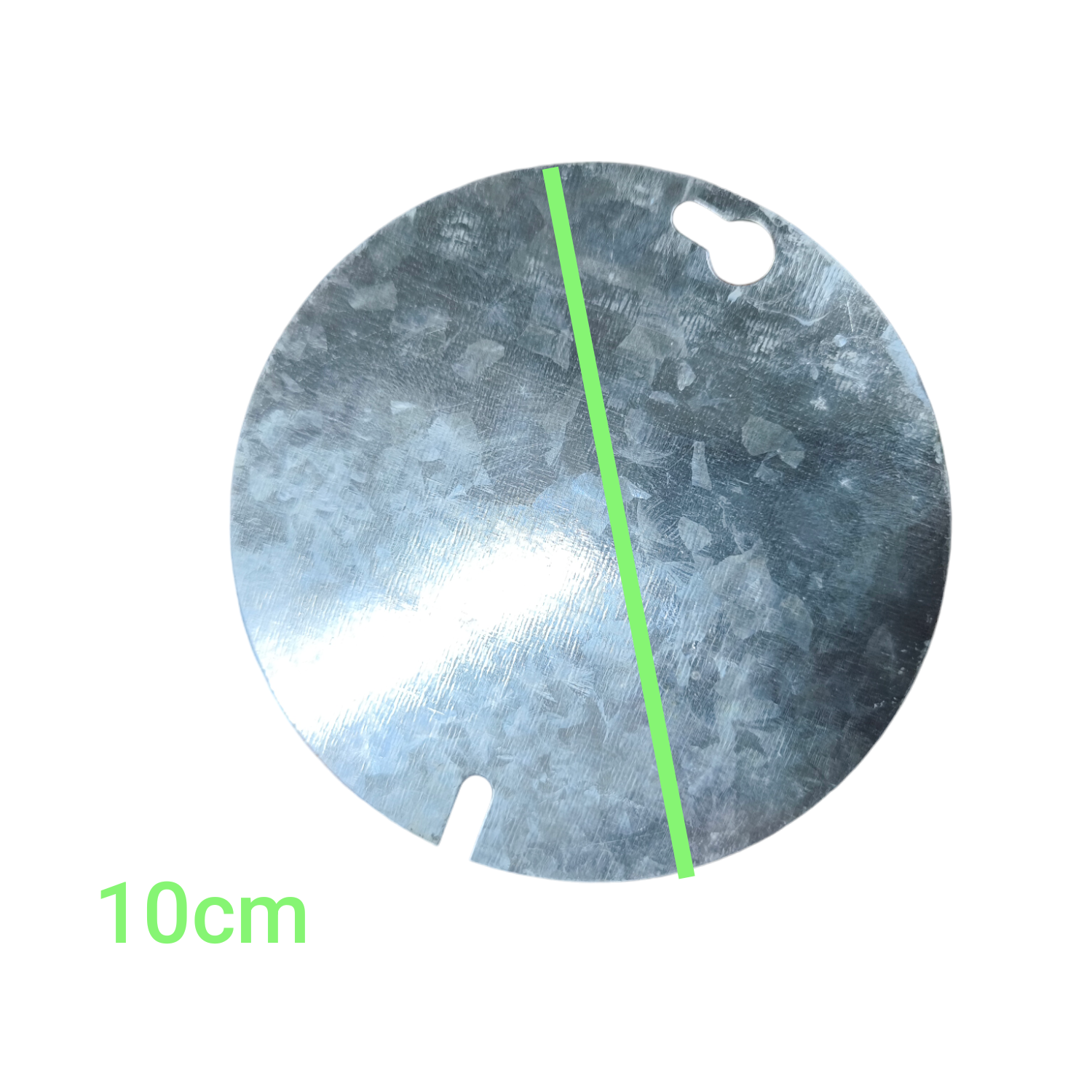 Metallic disc with a green line and '10cm' label on a white background