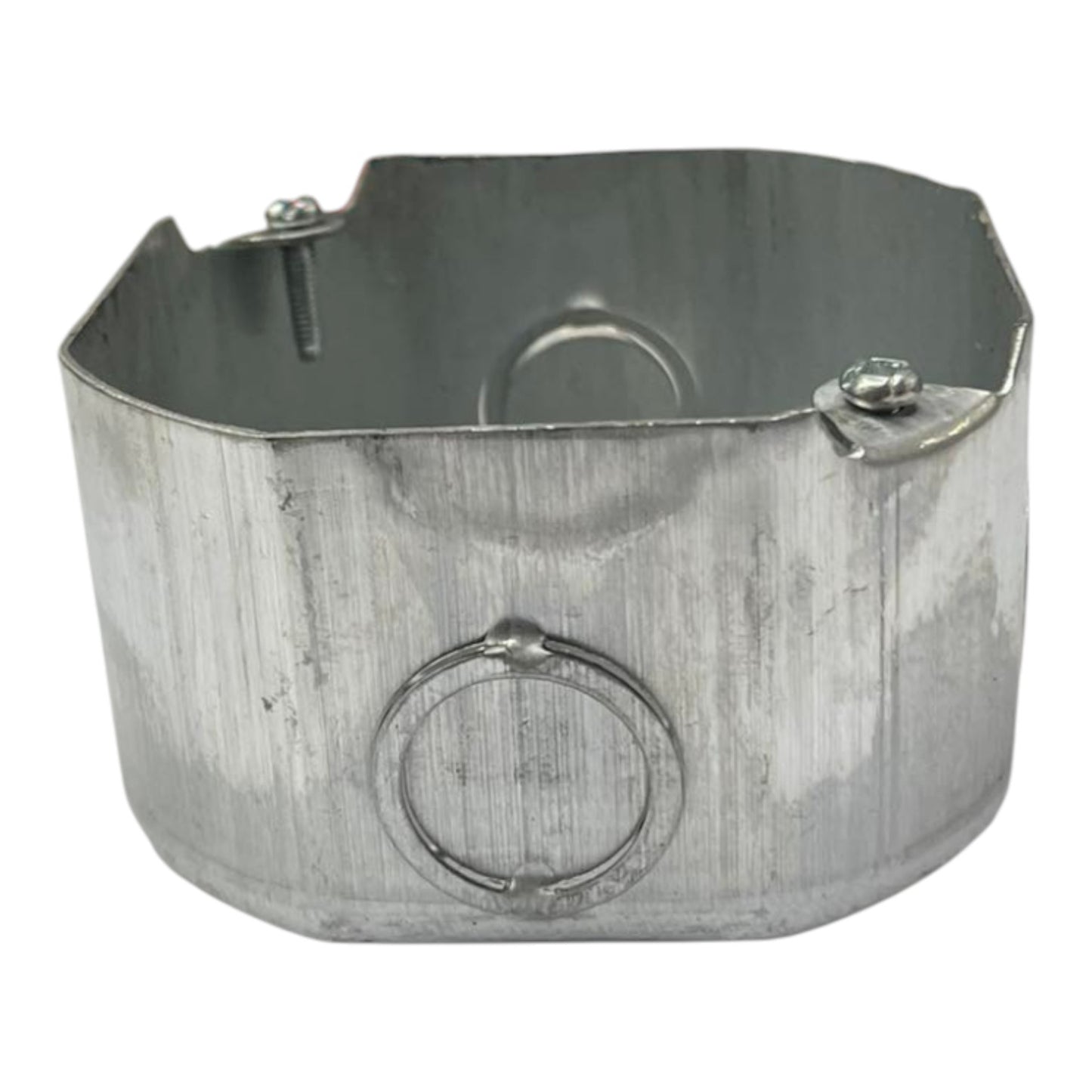 Galvanized steel electrical junction box with a front wire ring and mounting screws, isolated on a white background.