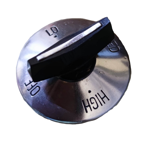 Chrome stove burner metal plate control knob with black handle showing OFF LOW HIGH for gas range