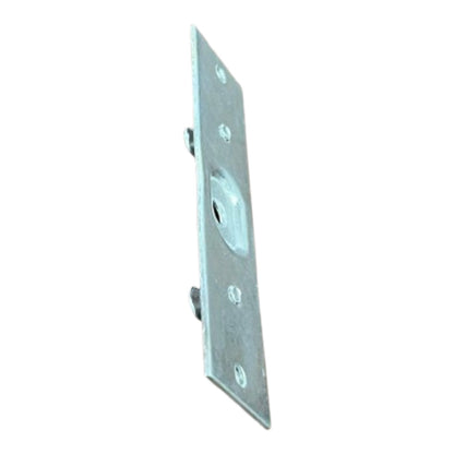A silver metal mounting bracket or plate with pre-drilled screw holes and a circular cutout, shown on a plain white background.